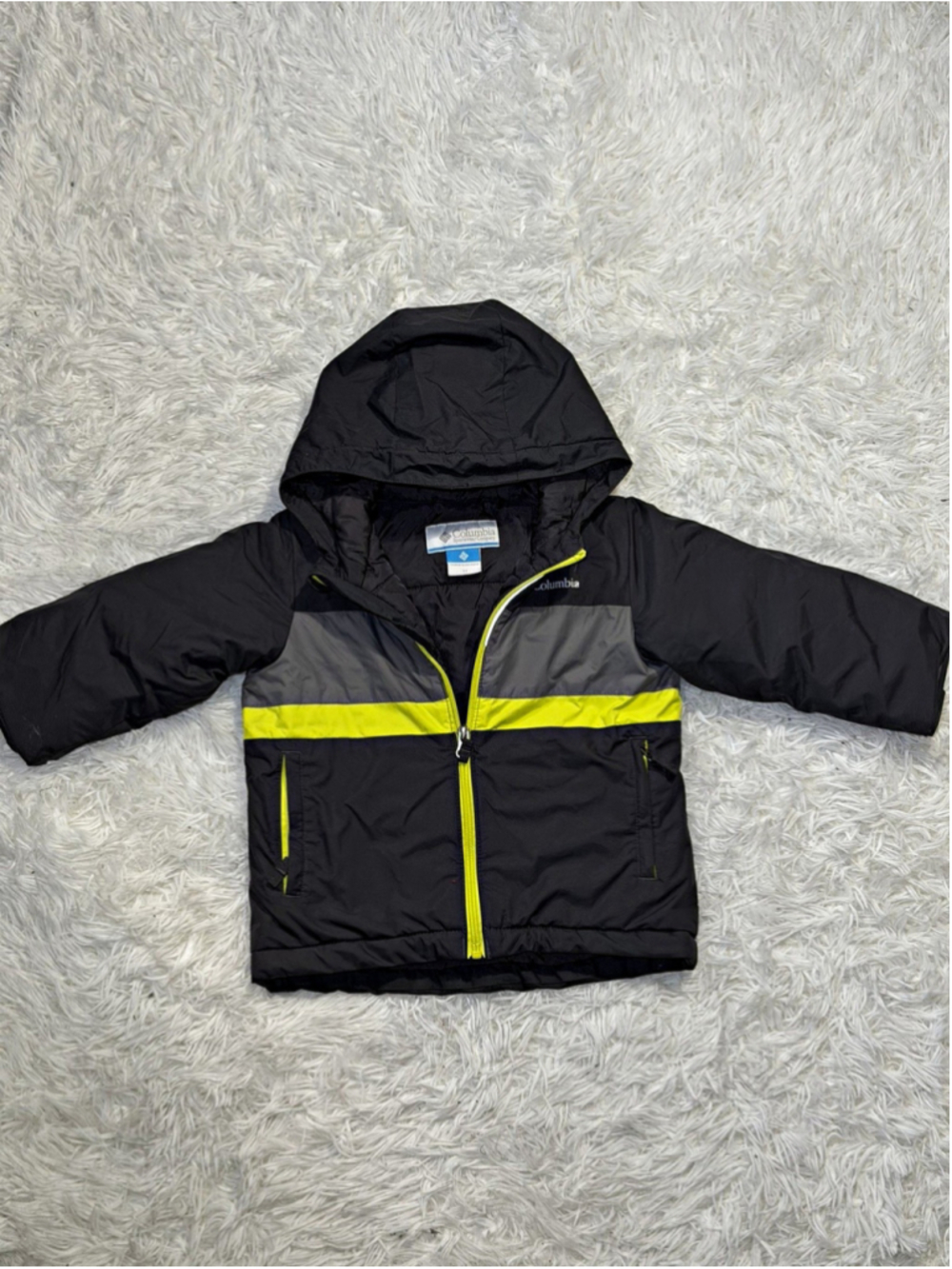 Columbia Toddler 3T Gray Yellow Colorblock Hooded Puffer Jacket Full Zip Nylon